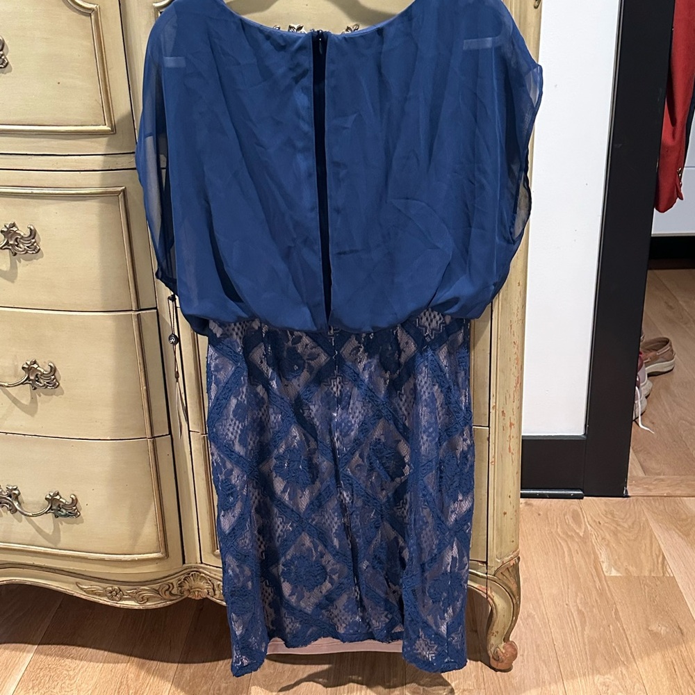 Adrianna Pappell Navy Blue Lace Skirt and Open Back Cocktail Dress NWT Size 14 - Picture 5 of 7